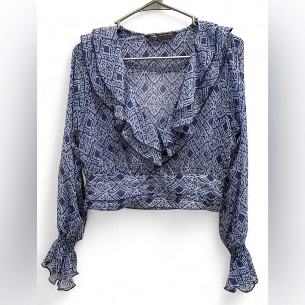 Zara Boho Chic Chiffon Cropped Blouse Medium Fun Flirty Lightweight Ruffle - Picture 2 of 7